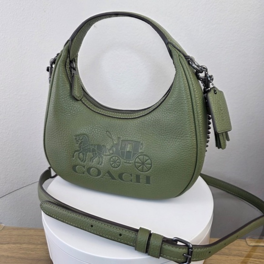 Coach Mira Shoulder Bag Green Pebble Leather Horse and Carriage